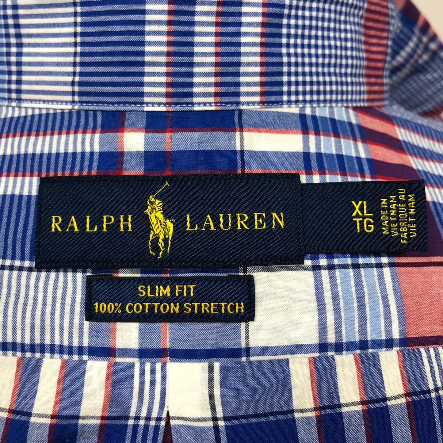 Camisa Polo Ralph Lauren 🏇🏼 color blanco con patrón de cuadros tartán azul y rojo Talla XL Entalle Slim Fit