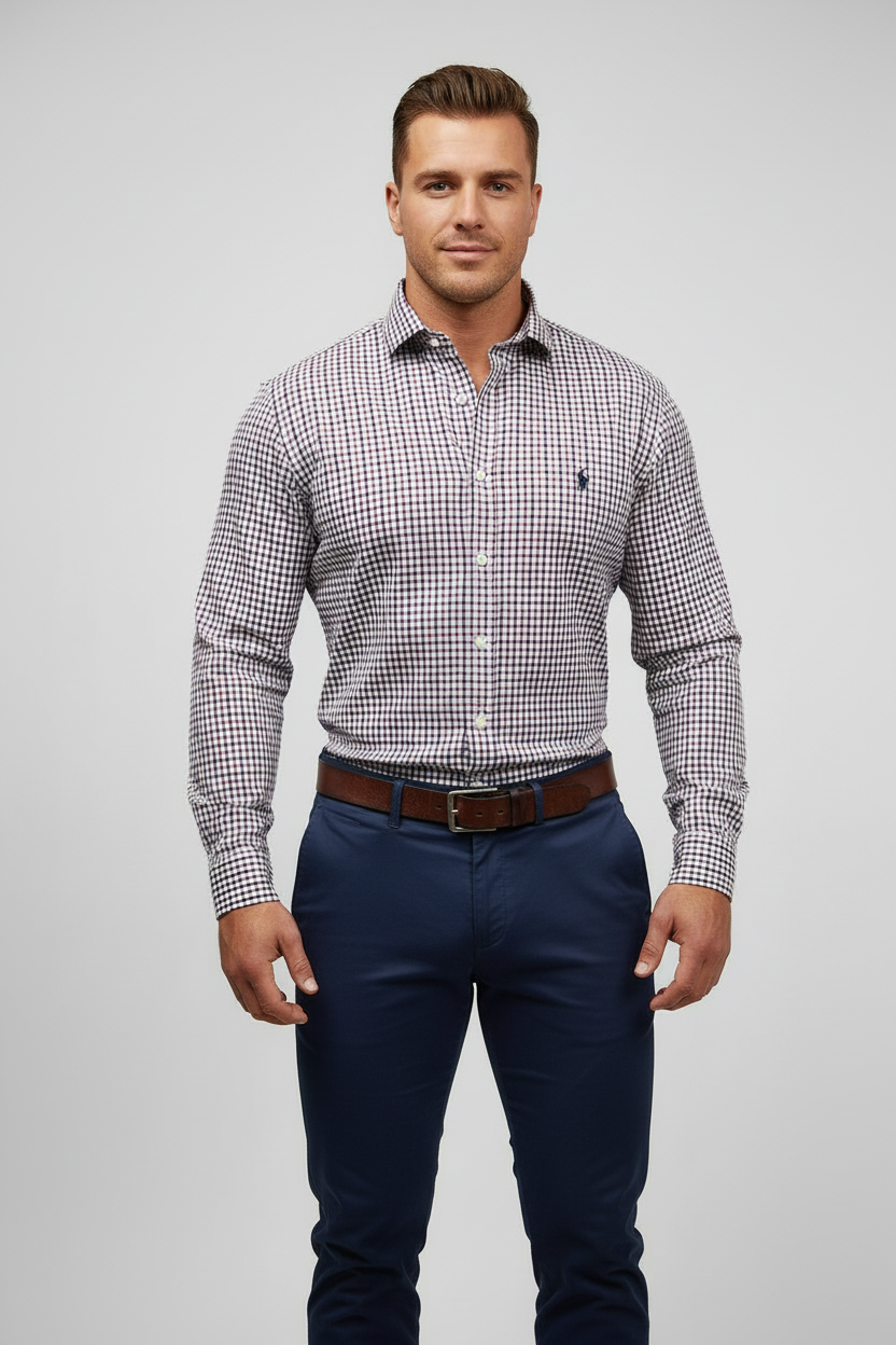 Camisa de botones Polo Ralph Lauren 🏇🏼 Performance de cuadros rojo oscuro y negro Talla L Entalle Regular