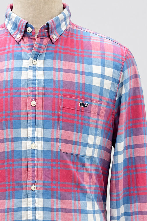 Camisa Vineyard Vines 🐳 de cuadros tartán en color rosado, gris y blanco Talla L Entalle Slim Fit