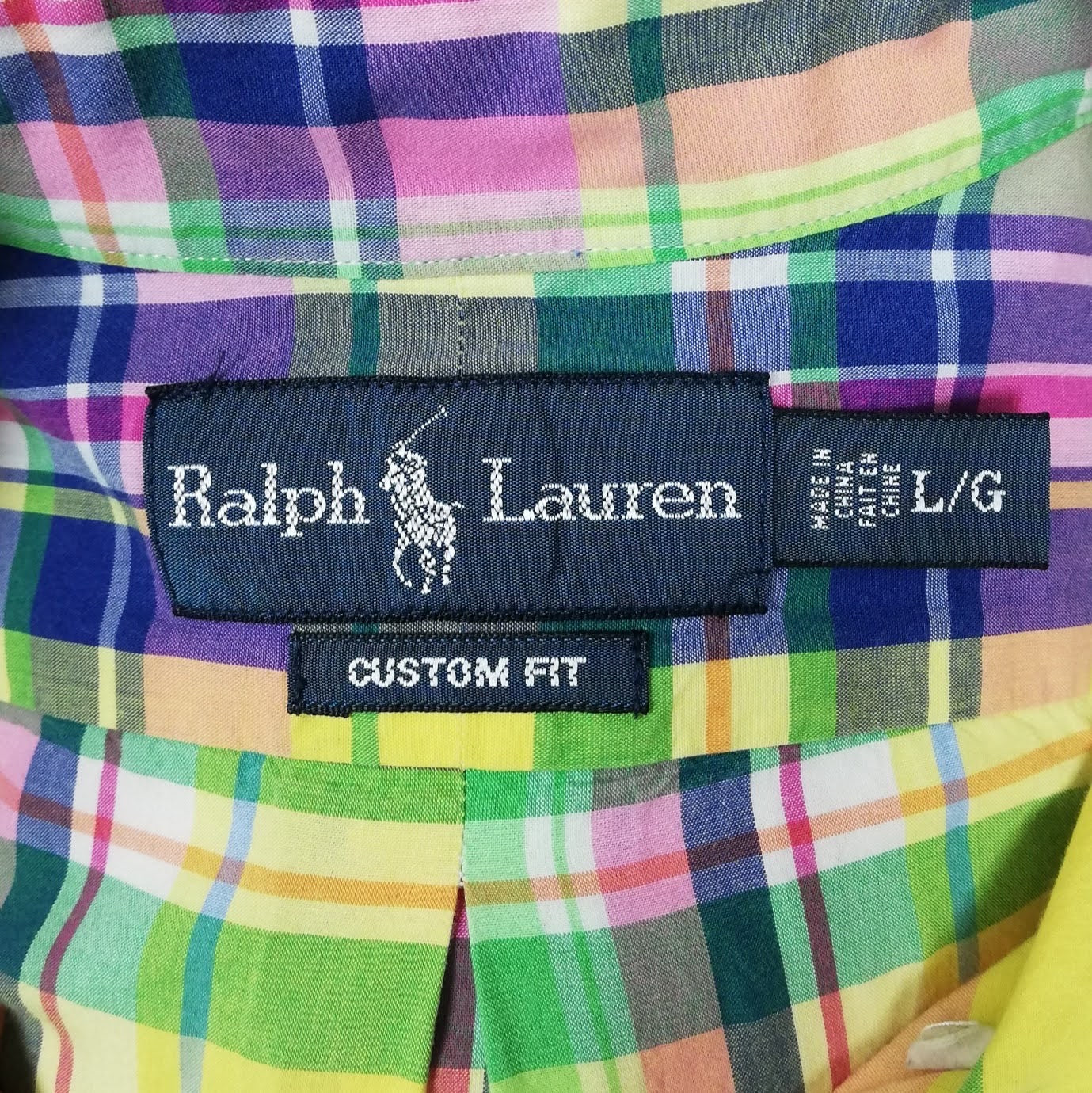 Camisa Polo Ralph Lauren 🏇🏼 color amarillo con patrón de cuadros azul, rosado y verde Talla L Entalle Custom Fit