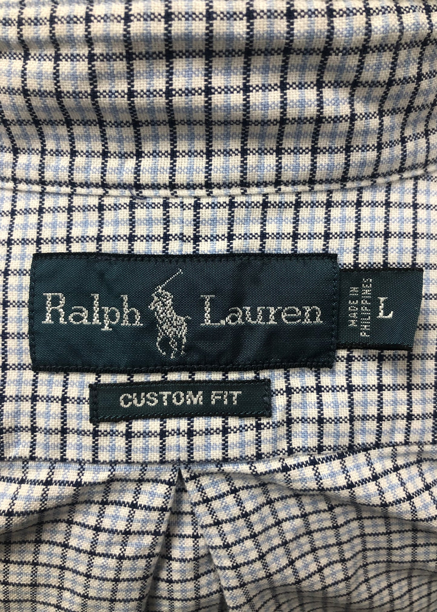 Camisa Polo Ralph Lauren 🏇🏼 color blanco patron de cuadros azul navy y celeste Talla L Entalle Custom Fit