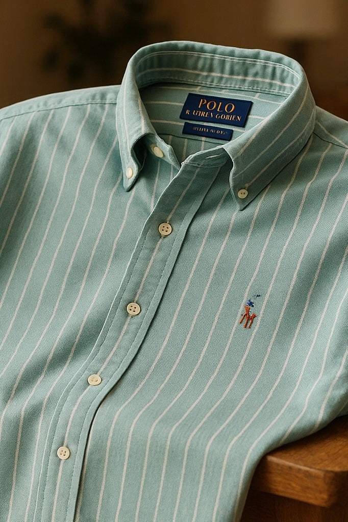 Camisa Polo Ralph Lauren 🏇🏼 Oxford color verde menta y patrón de rayas en blanco Talla XL Entalle Regular