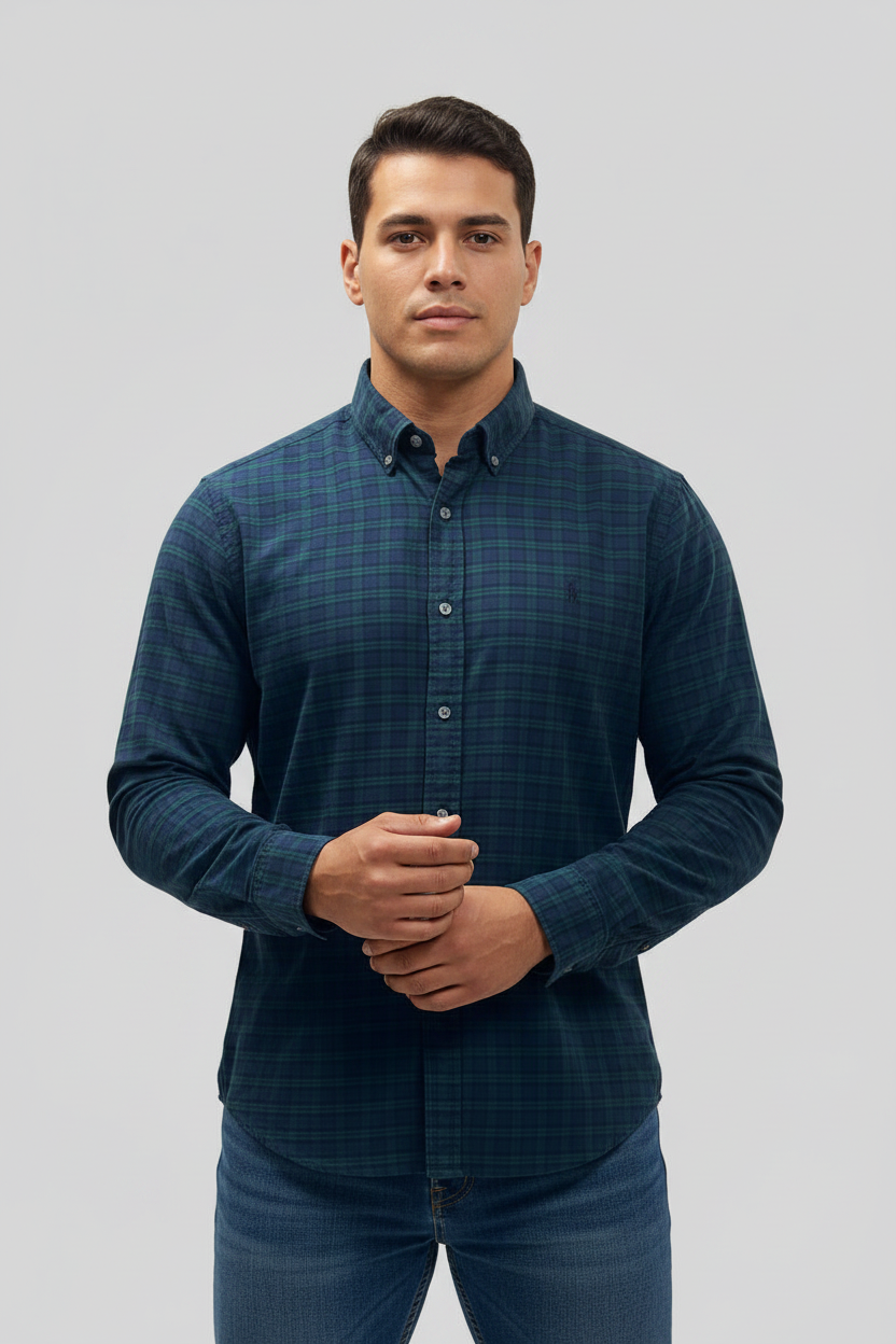 Camisa Polo Ralph Lauren 🏇🏼 de cuadros verde oscuro y azul navy Talla L Entalle Slim Fit