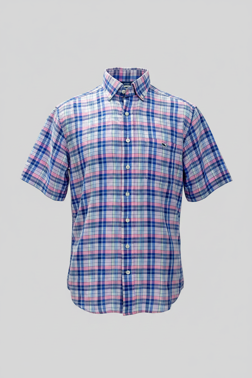 Camisa de cuadros Vineyard Vines 🐳 de lino con cuadros en color celeste, azul y rosado Talla M Entalle Regular