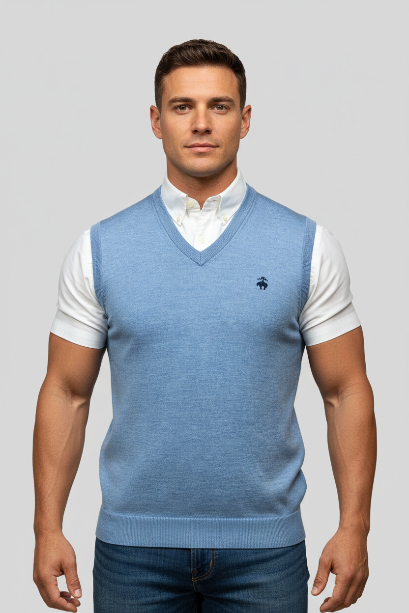 Sueter Jersey cuello V Brooks Brothers 🐑 color celeste Talla L (ver descripción)