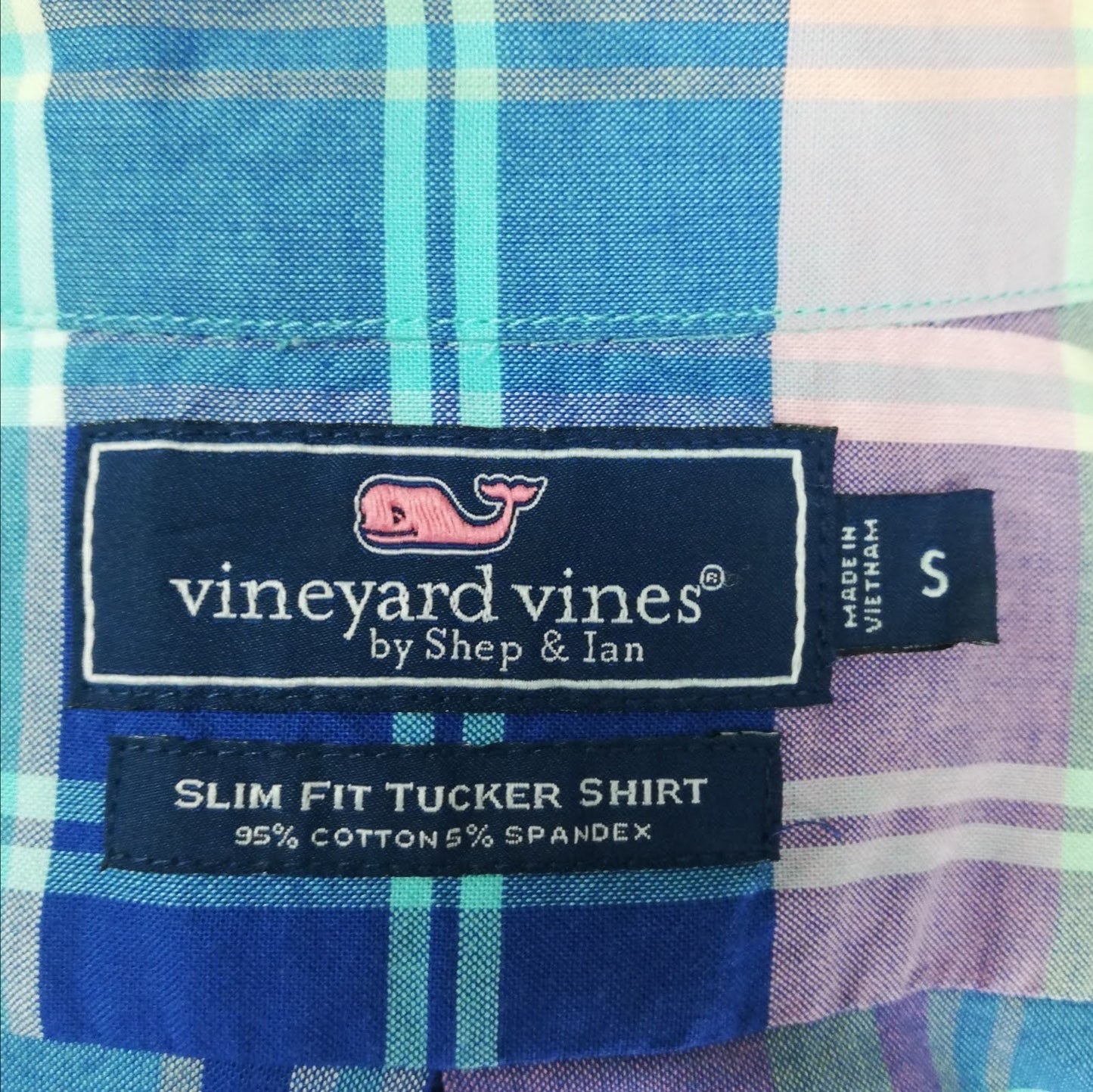 Camisa de botones Vineyard Vines 🐳 con patrón de cuadros en color turquesa, lila y azul Talla S Entalle Slim Fit
