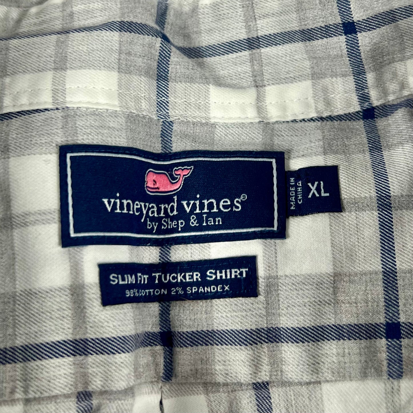 Camisa Vineyard Vines 🐳 color blanco con cuadros tartán en color gris y azul Talla XL Entalle Slim Fit