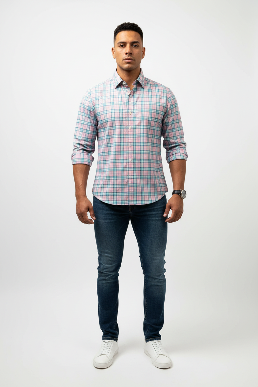 Camisa de botones Vineyard Vines 🐳 Performance de cuadros en color rosado y celeste Talla S Entalle Slim Fit