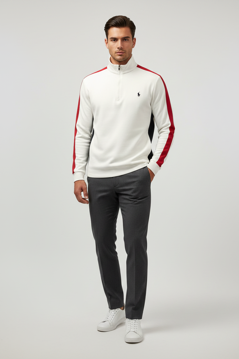 Sueter Jersey Polo Ralph Lauren 🏇🏼 color blanco con lineas en rojo Talla M