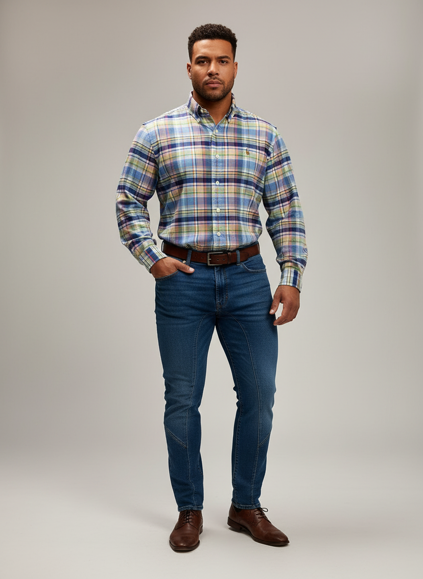 Camisa de botones Polo Ralph Lauren 🏇🏼 Oxford de cuadros tartán amarillo, celeste, azul y blanco Talla S Entalle Regular
