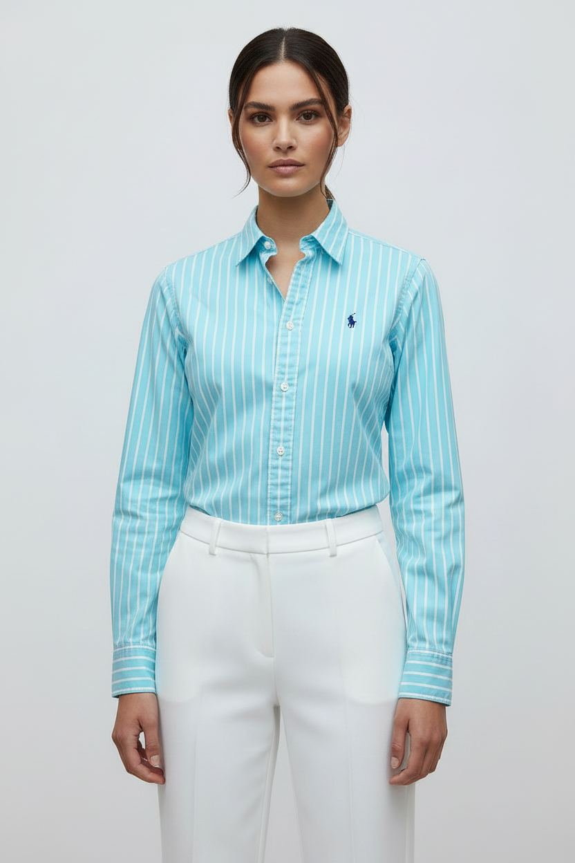 Camisa de mujer Polo Ralph Lauren 🏇🏼 turquesa con patrón de rayas blanco Talla XS (2) Entalle Regular