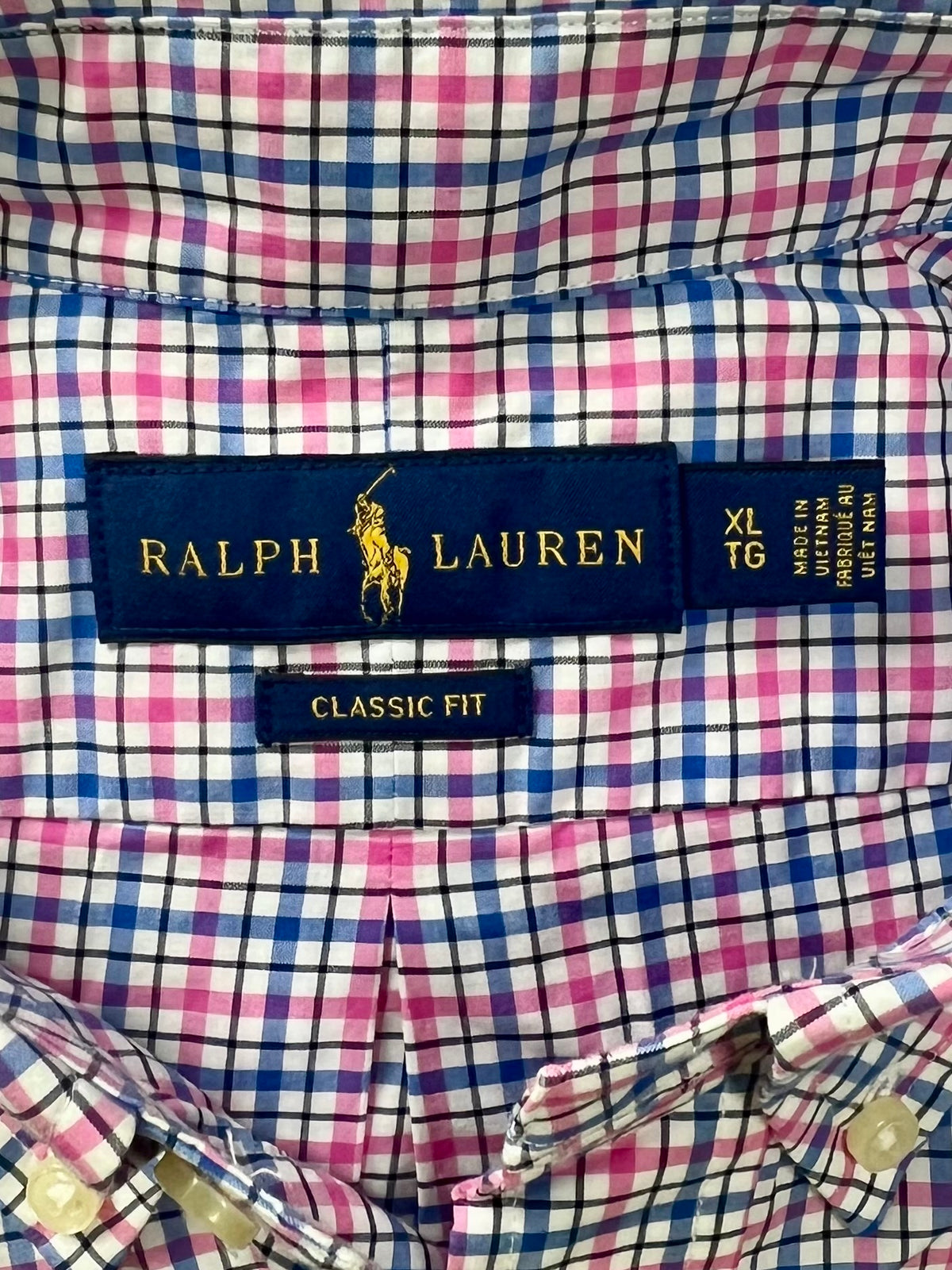 Camisa Polo Ralph Lauren 🏇🏼 color blanco con patron de cuadros en azul y rosado Talla XL Entalle Clásico