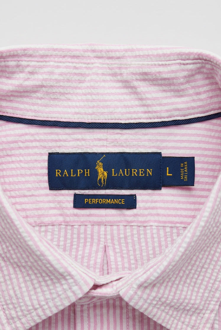 Camisa Polo Ralph Lauren 🏇🏼 Color blanco con patrón de rayas en rosado Seersucker Talla L Entalle Regular