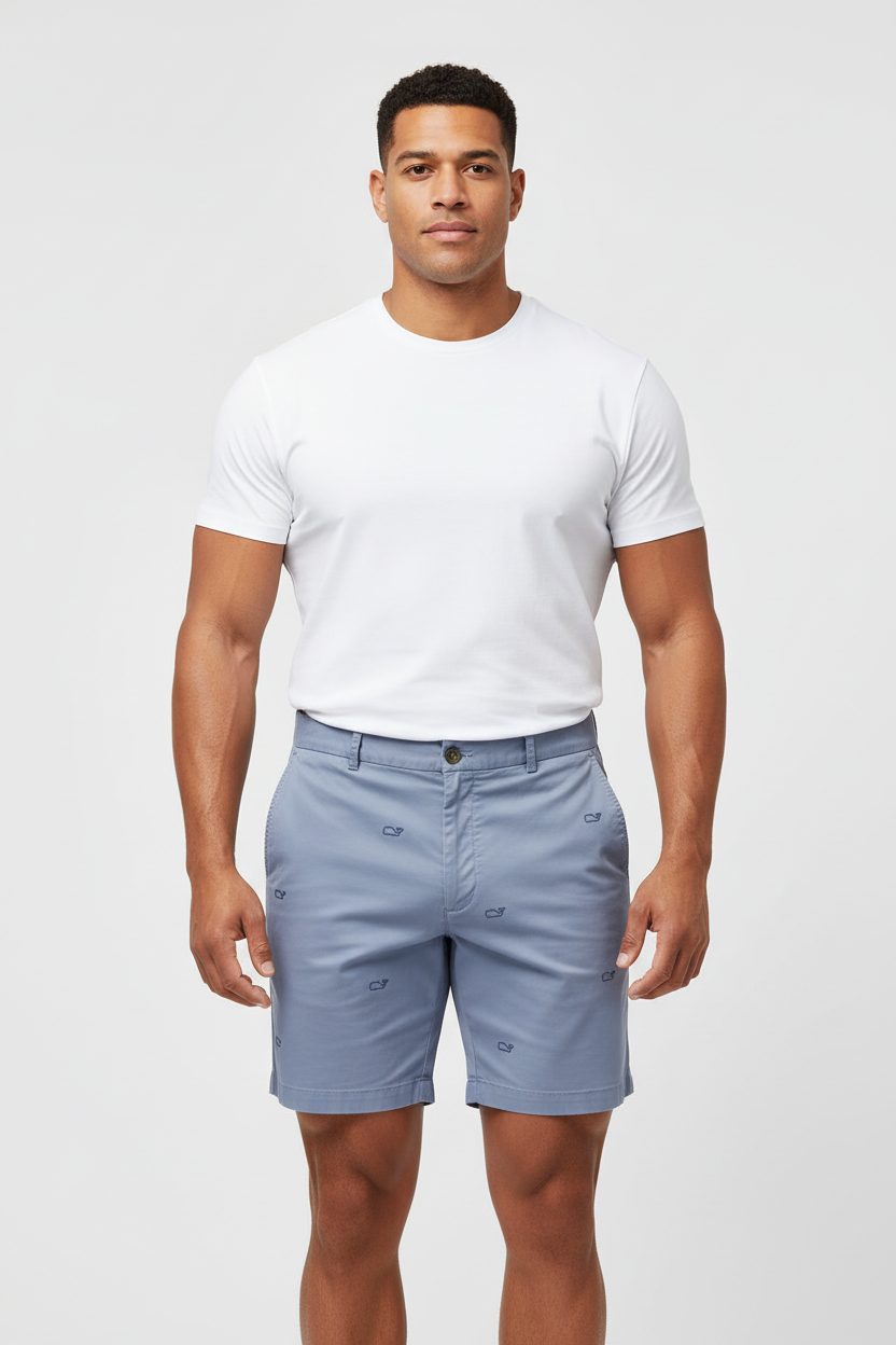 Short Casual Vineyard Vines 🐳 color gris azulado con diseño de logos talla 38