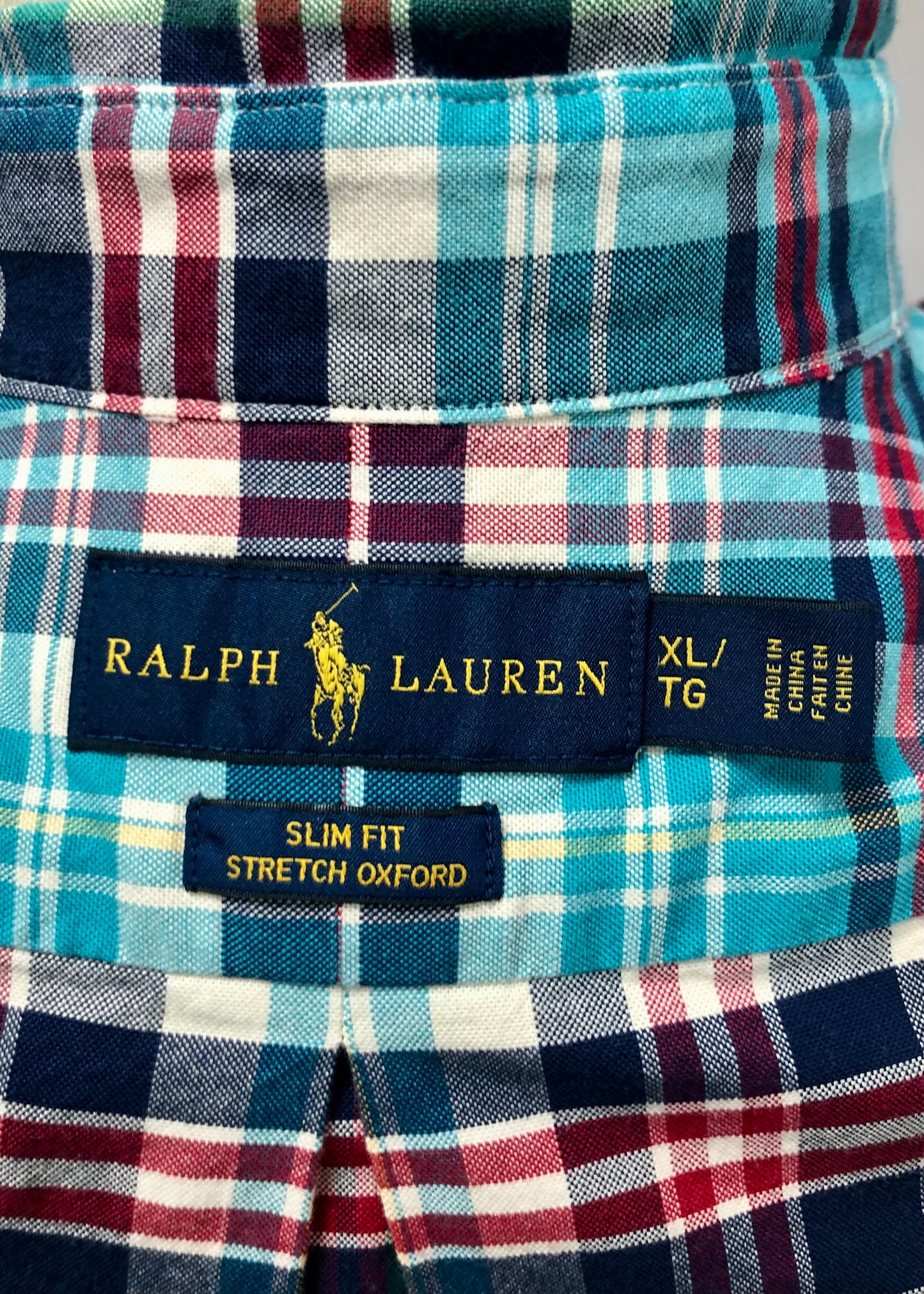 Camisa Polo Ralph Lauren 🏇🏼 con patrón de cuadros gingham turquesa, azul, rojo y blanco Talla XL Entalle Slim Fit