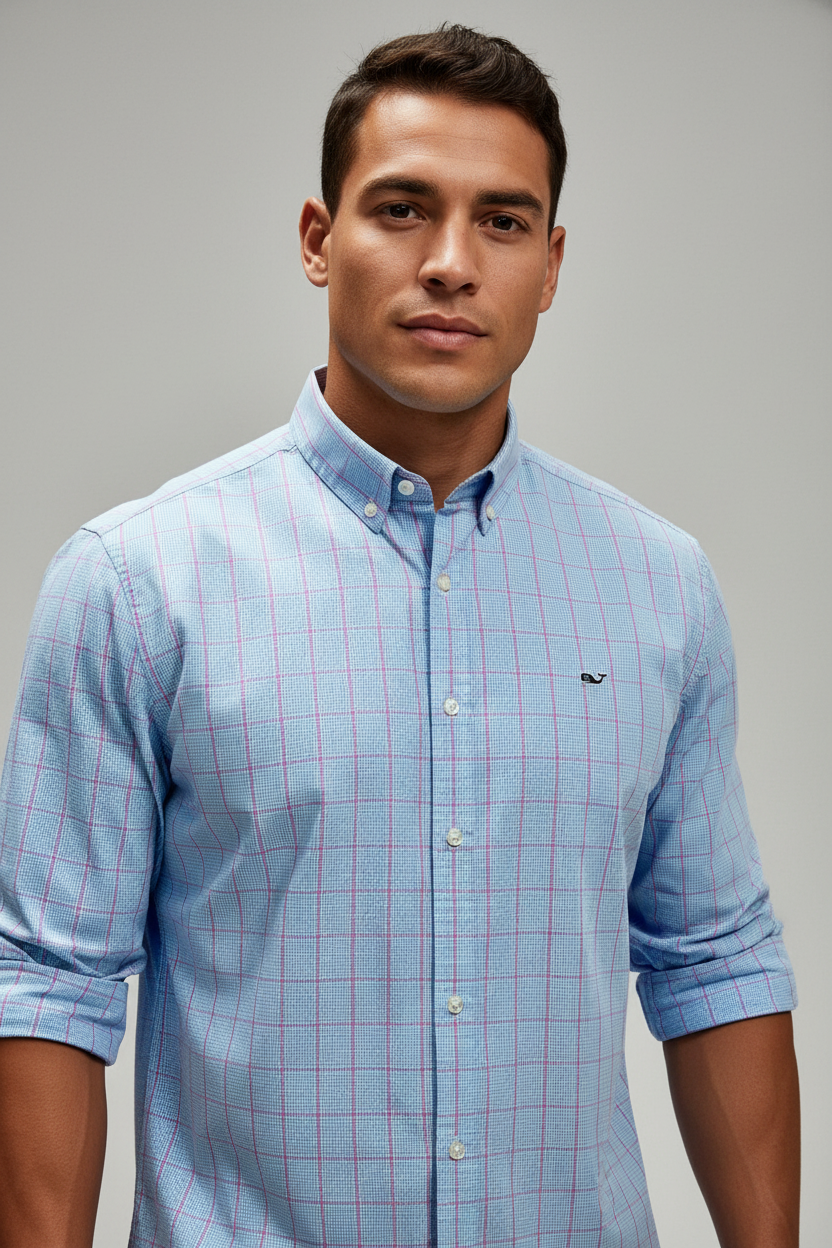 Camisa de botones Vineyard Vines 🐳 de cuadros en celeste, rosado y blanco Talla L Entalle Slim Fit