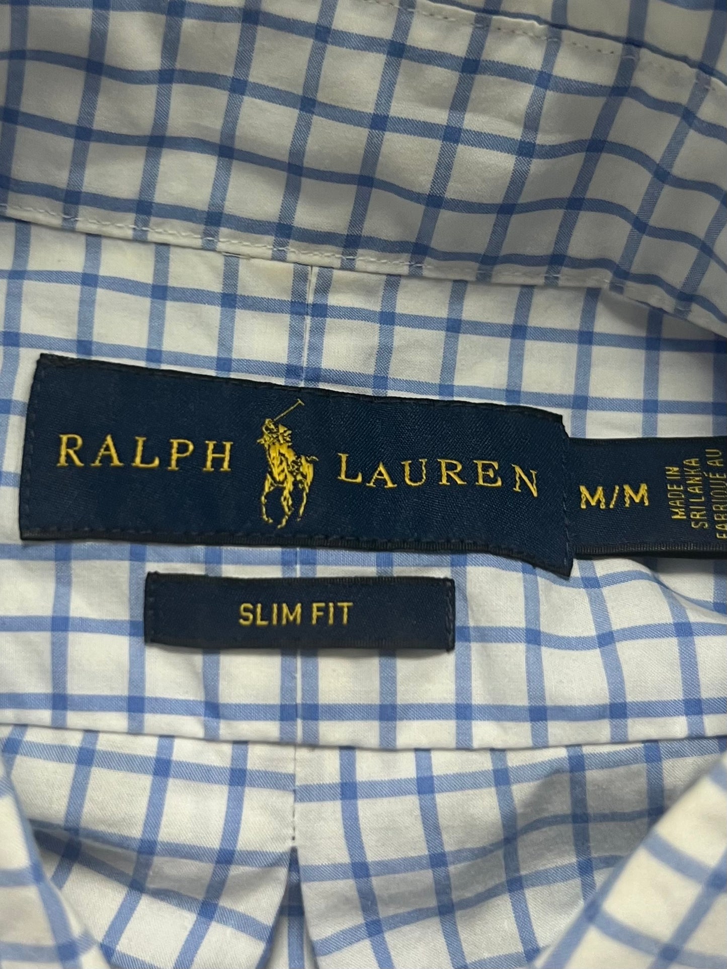 Camisa Polo Ralph Lauren 🏇🏼 color blanco con patron de cuadros celeste Talla M Entalle Slim Fit