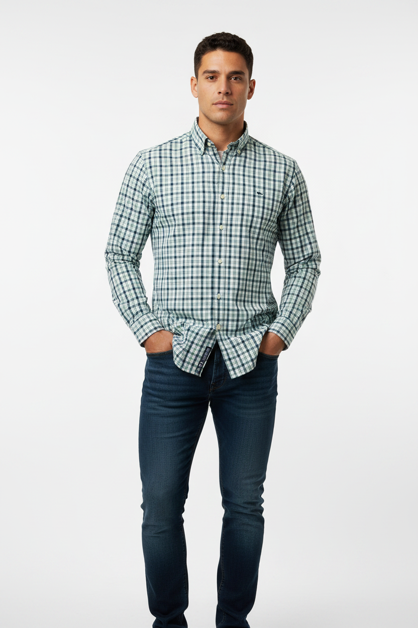 Camisa de botones Vineyard Vines 🐳 color blanco de cuadros en color celeste y azul navy Talla M Entalle Slim Fit