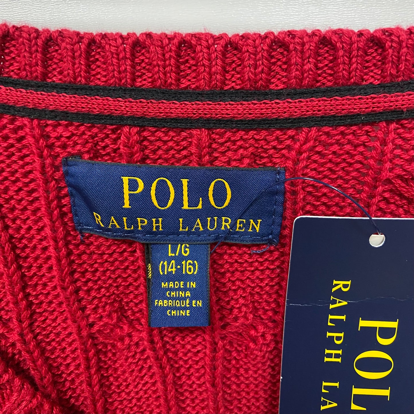 Sueter Jersey de niño tejido con cuello V Polo Ralph Lauren 🏇🏼 color rojo Talla L
