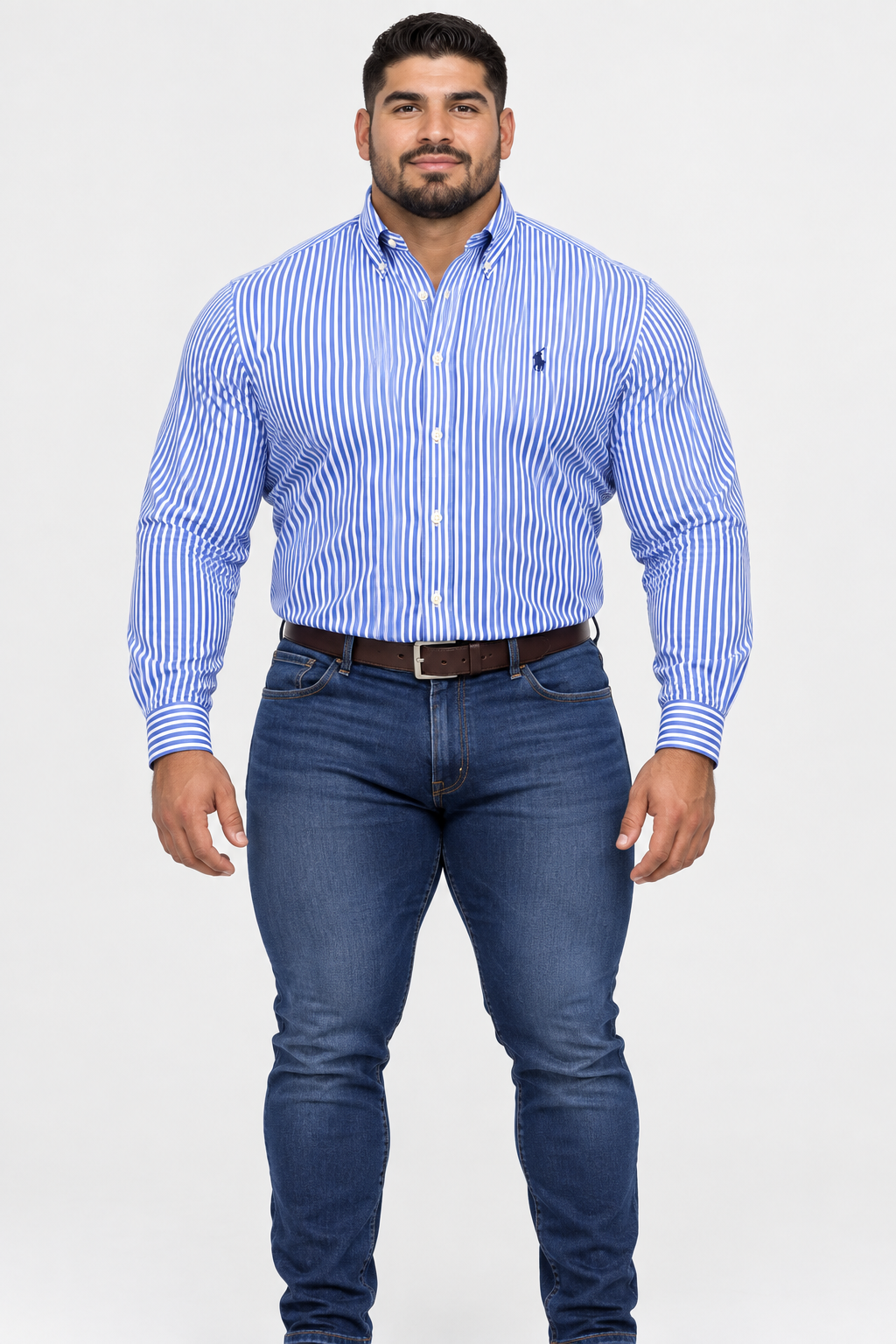 Camisa Polo Ralph Lauren 🏇🏼 color blanco con patrón de rayas en azul Talla XL Entalle Clásico