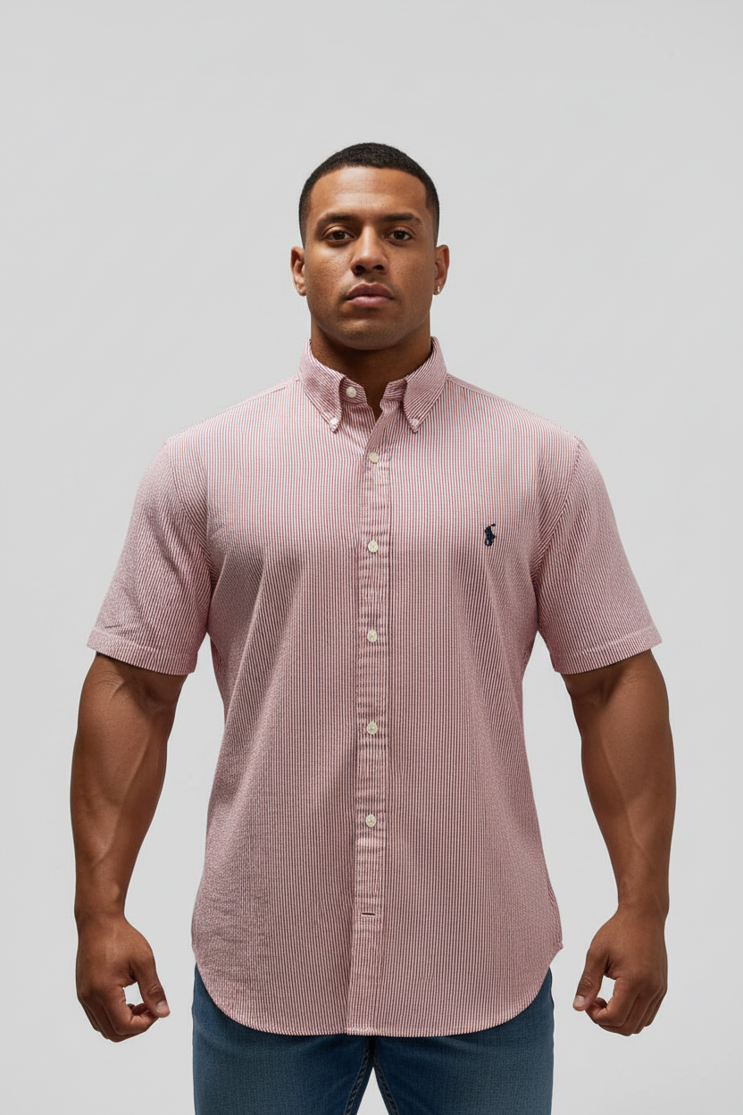Camisa de botones Polo Ralph Lauren 🏇🏼 Seersucker de rayas en rojo y blanco Talla XXL Entalle Clásico