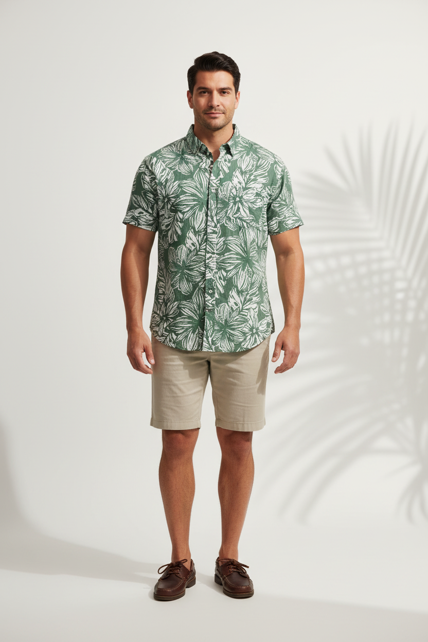 Camisa de botones Chubbies 🌴 Color verde con diseño floral en blanco Talla XL Entalle Regular