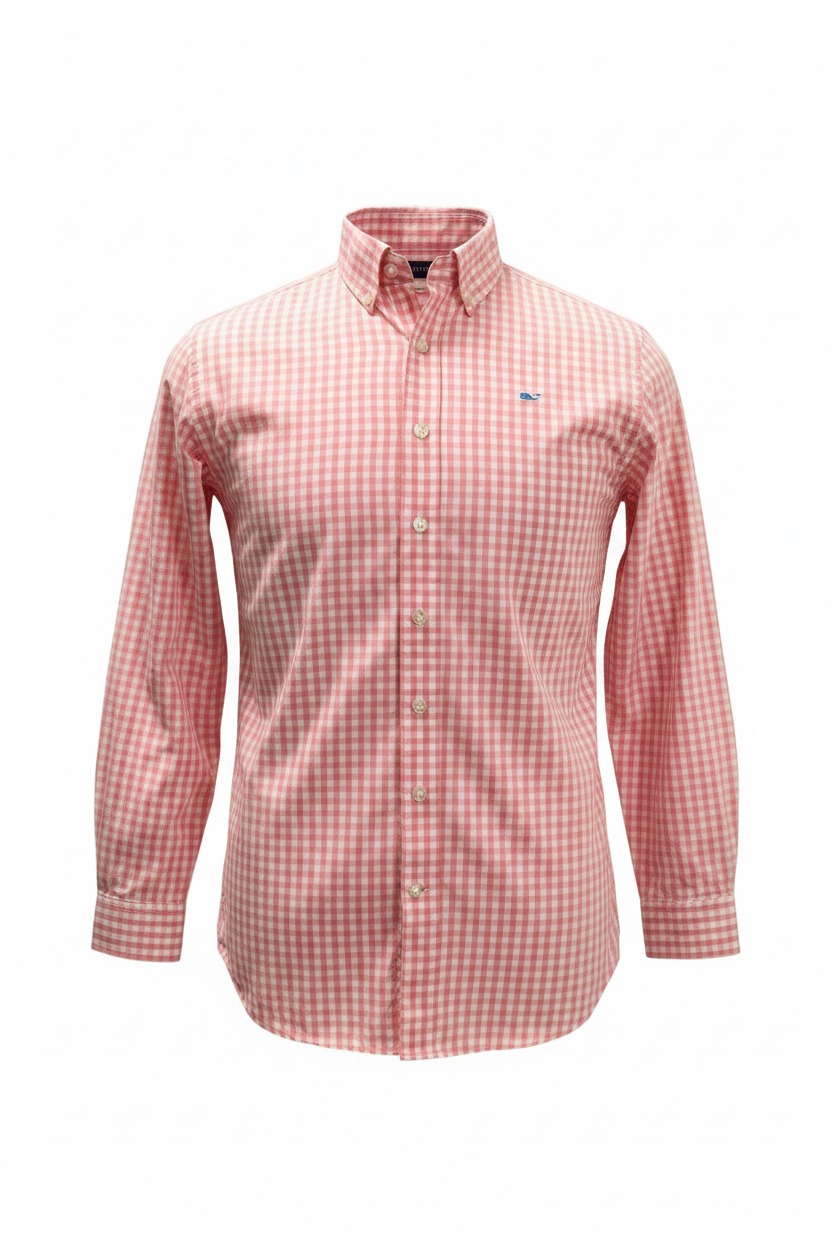 Camisa de niño Vineyard Vines 🐳 con patrón de cuadros en color rosado y blanco Talla L Entalle Regular