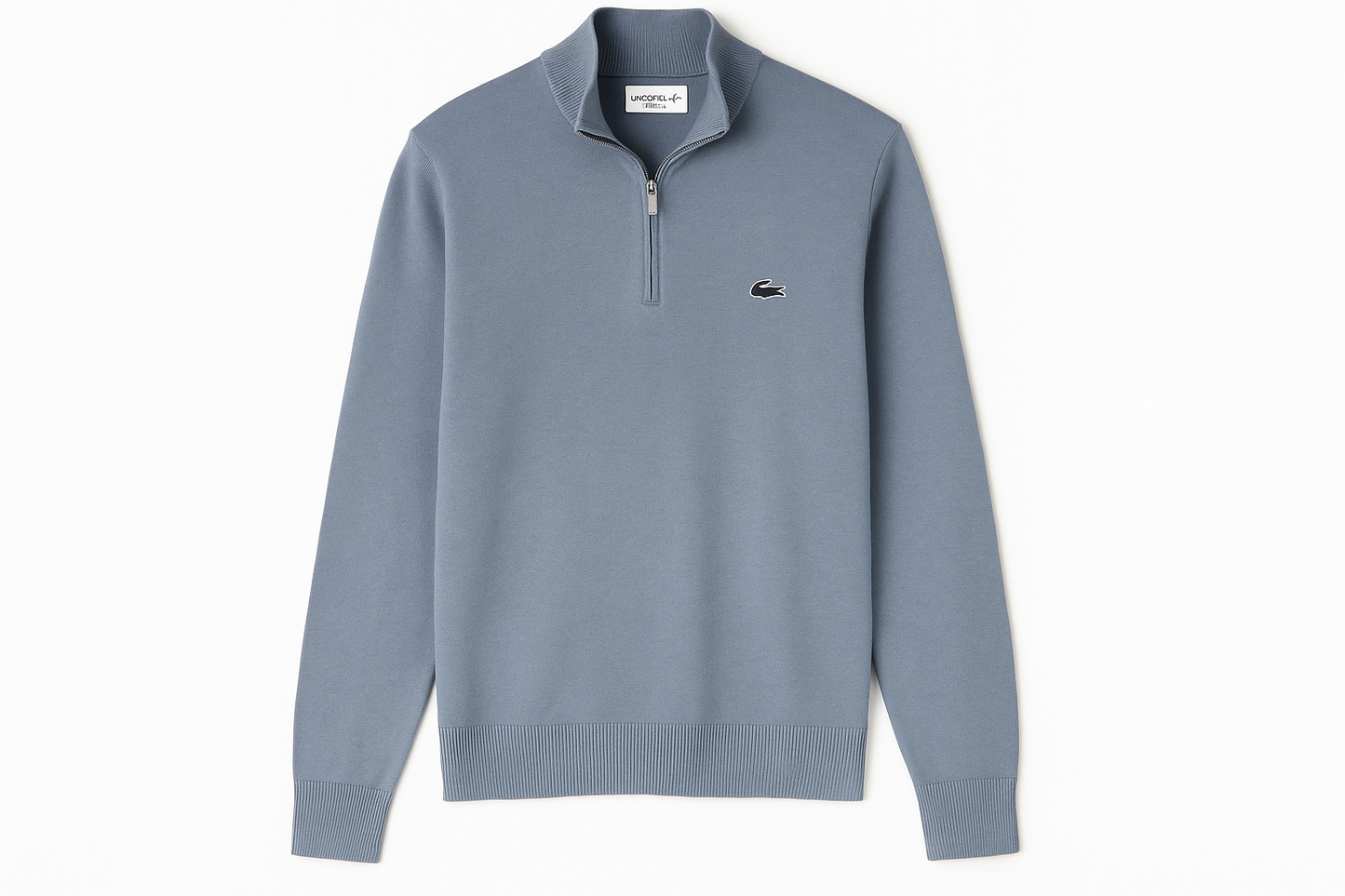 Sueter Jersey Lacoste 🐊 color gris claro con logo azul navy Tela algodón Pima Talla L