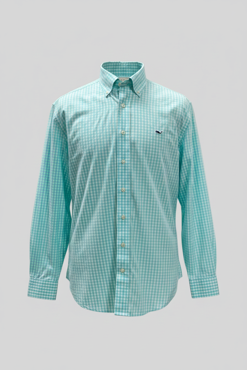 Camisa de botones Vineyard Vines 🐳 de cuadros en color turquesa claro y blanco Talla M Entalle Clásico