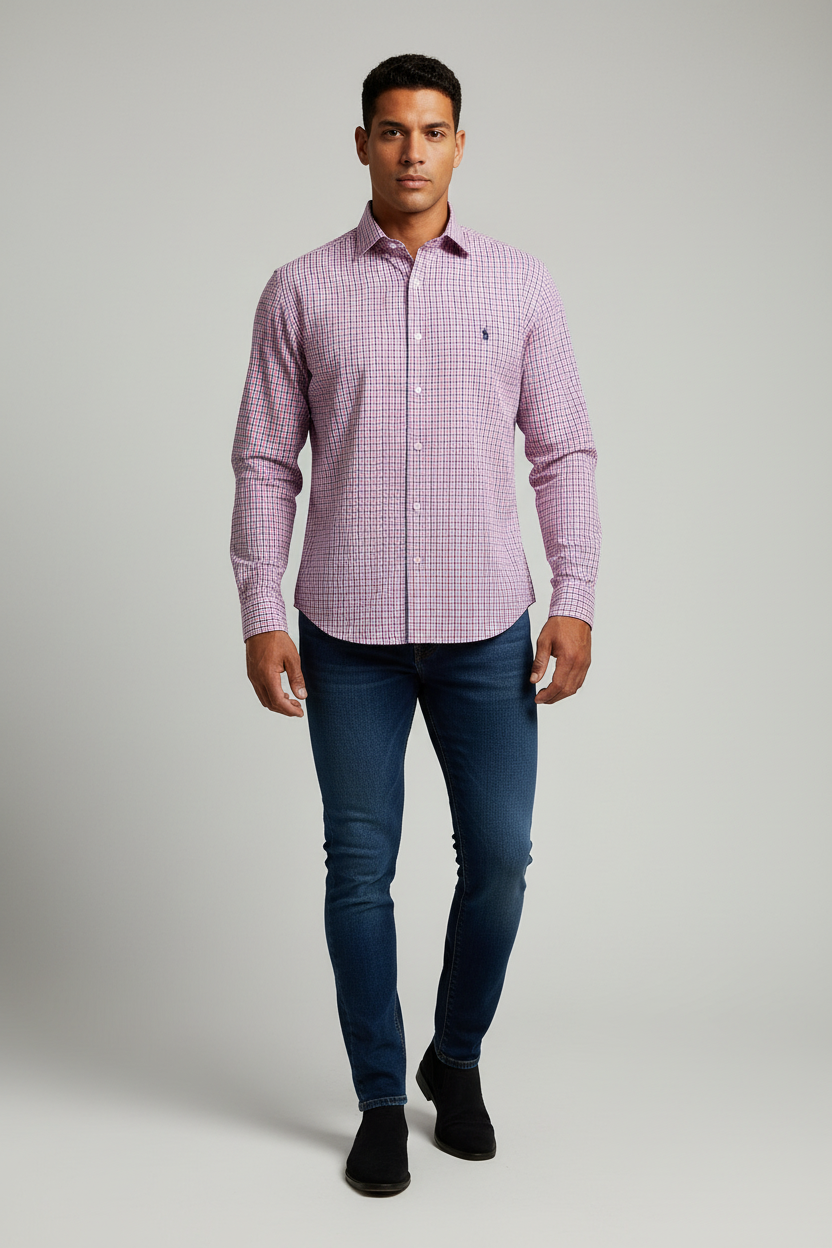 Camisa de botones Polo Ralph Lauren 🏇🏼 Performance de cuadros rosado, azul y blanco Talla L Entalle Regular