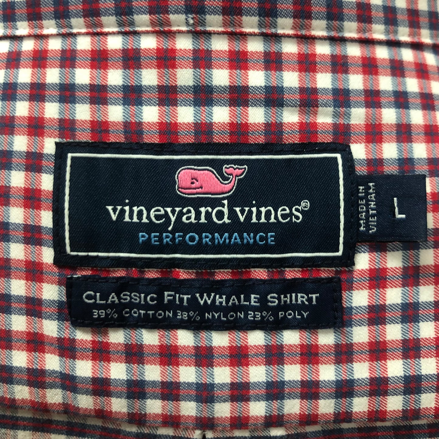 Camisa de botones Vineyard Vines 🐳 Performance con patrón de cuadros gingham en color morado, rojo y blanco Talla L Entalle Clásico