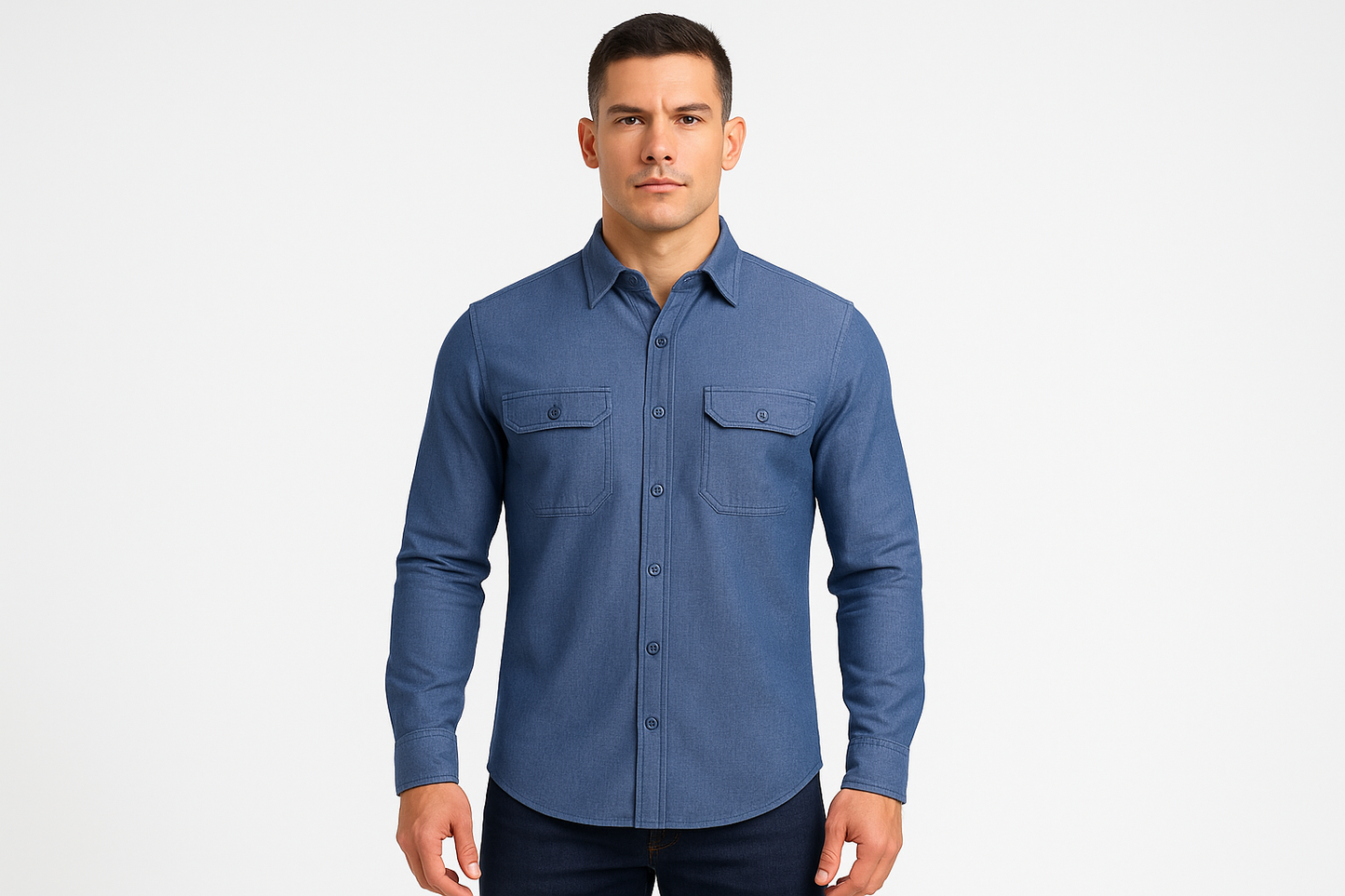 Athletic model wearing denim shirt