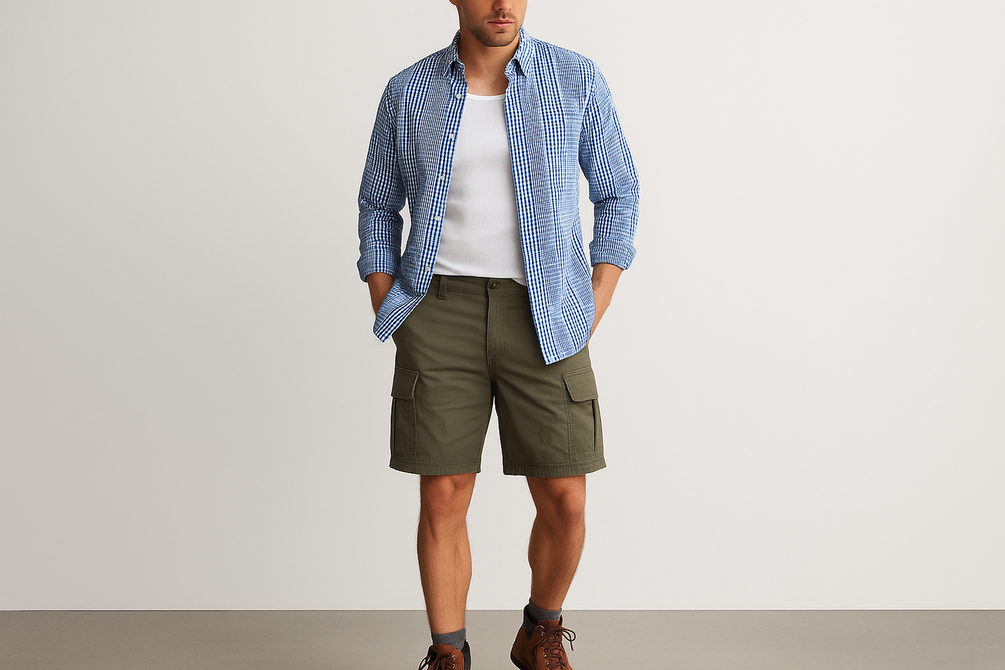 Camisa a cuadros abierta con shorts cargo