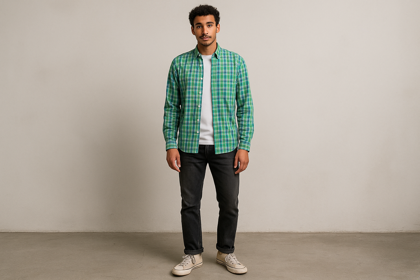 Camisa a cuadros verde y azul sobre camiseta con jeans negros