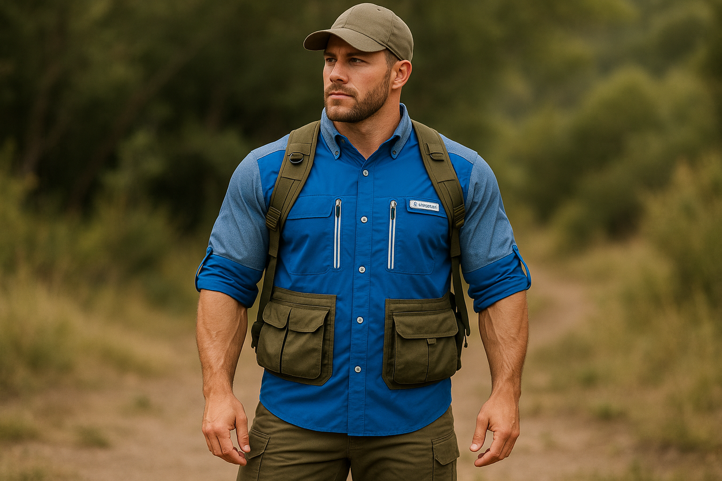 Camisa de pesca Columbia azul con gris modelo atlético look outdoor