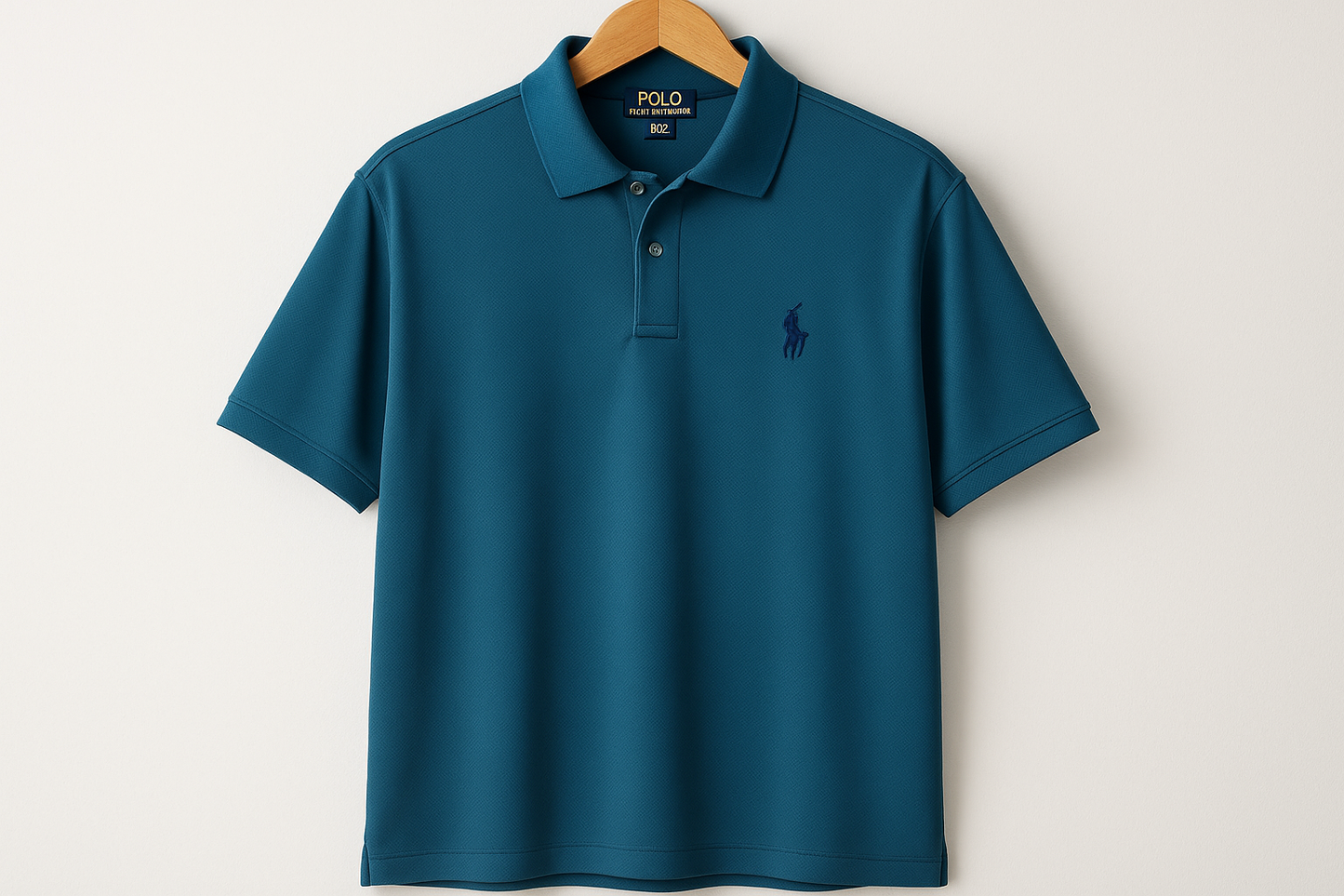 Camiseta polo dry fit celeste oscuro colgada