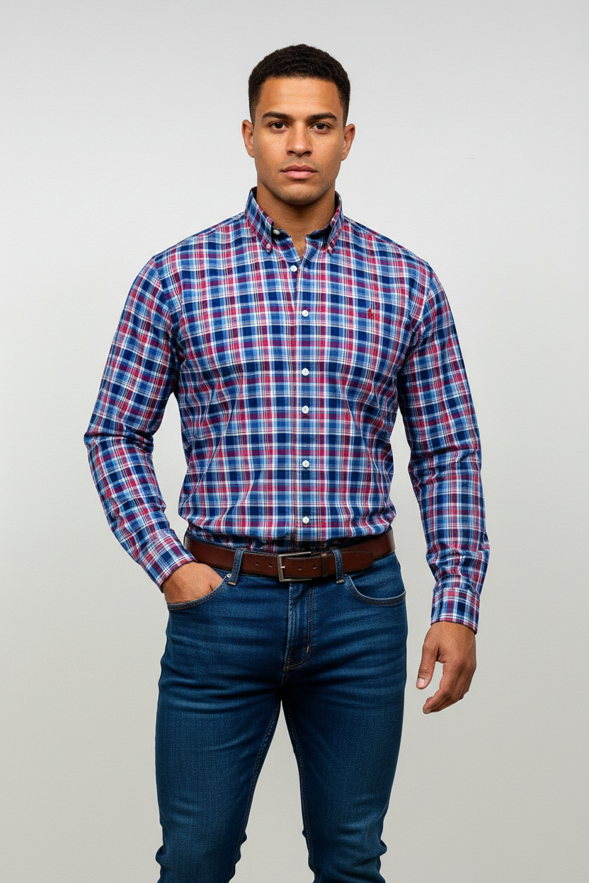 Camisa de botones Polo Ralph Lauren 🏇🏼 de cuadros tartán azul, celeste y rojo Talla M Entalle Regular