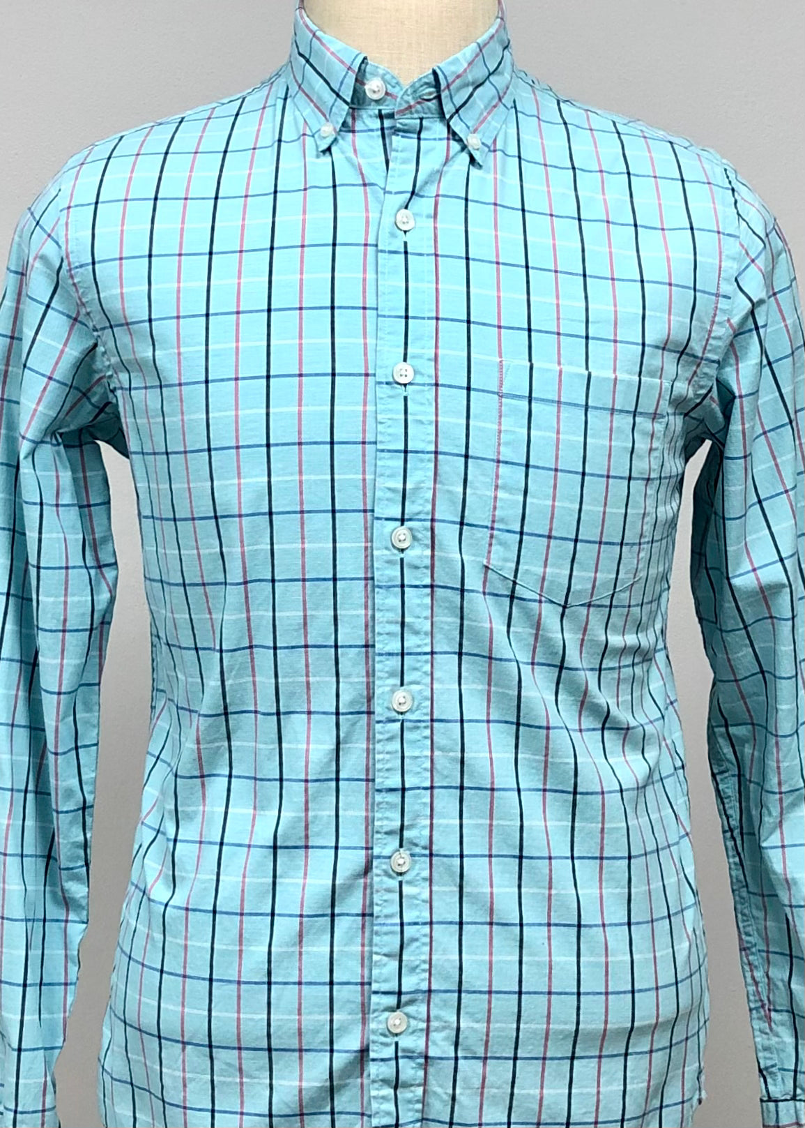 Camisa J.Crew color Celeste con cuadros en color rosado y azul Talla S 14 Entalle Slim Fit