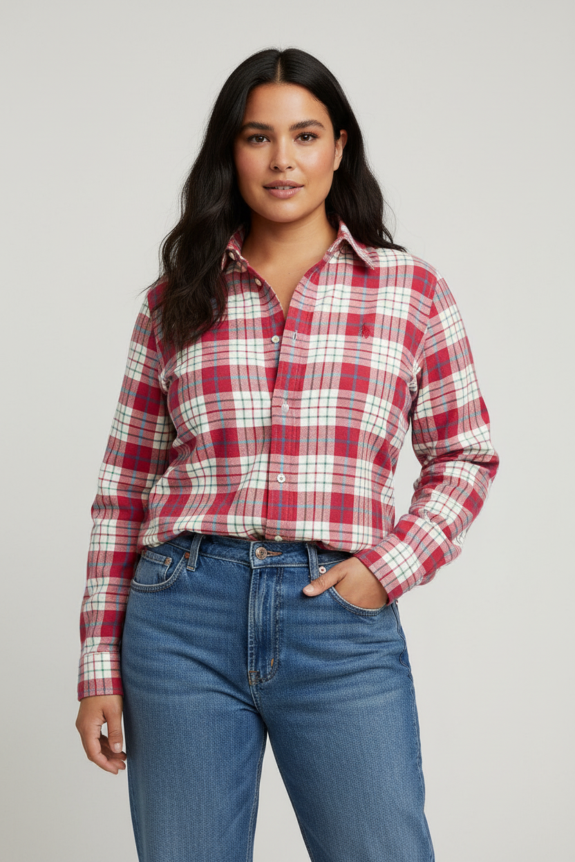 Camisa de mujer Polo Ralph Lauren 🏇🏼 Color blanco con patron de cuadros tartán rojo y verde Talla L Entalle Clásico