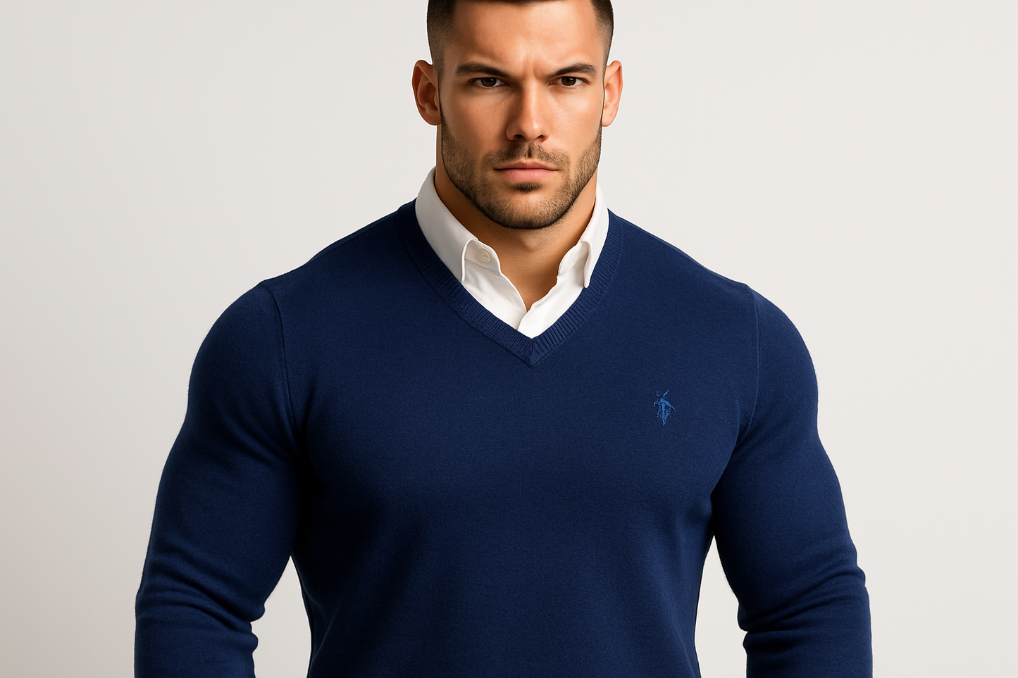 Jersey azul marino con camisa blanca debajo modelo atlético