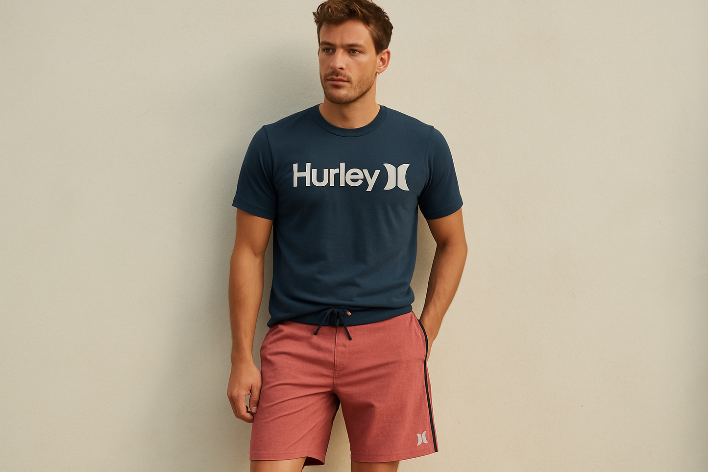 Look 4 - Con camiseta Hurley azul marino surf, pose apoyado