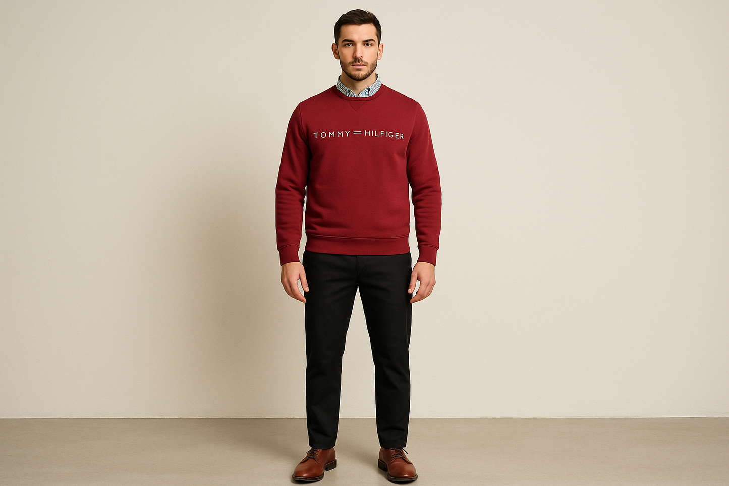 Look 5: Jersey con pantalones negros y zapatos de cuero - Estilo elevated casual