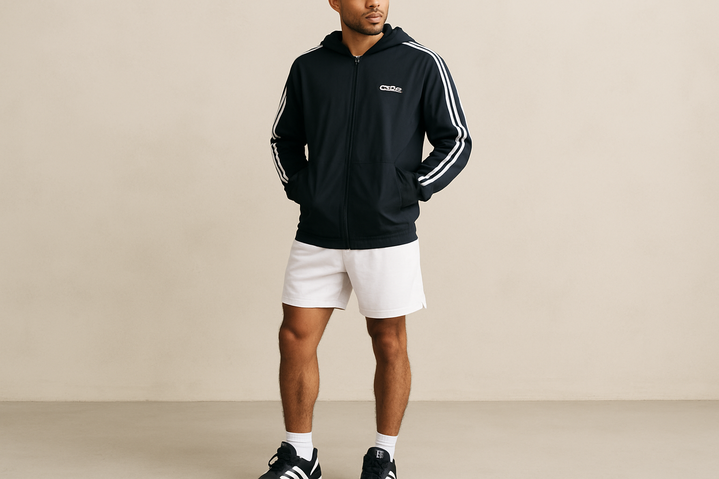 Look 6: Chaqueta Adidas con shorts blancos - Estilo basketball casual