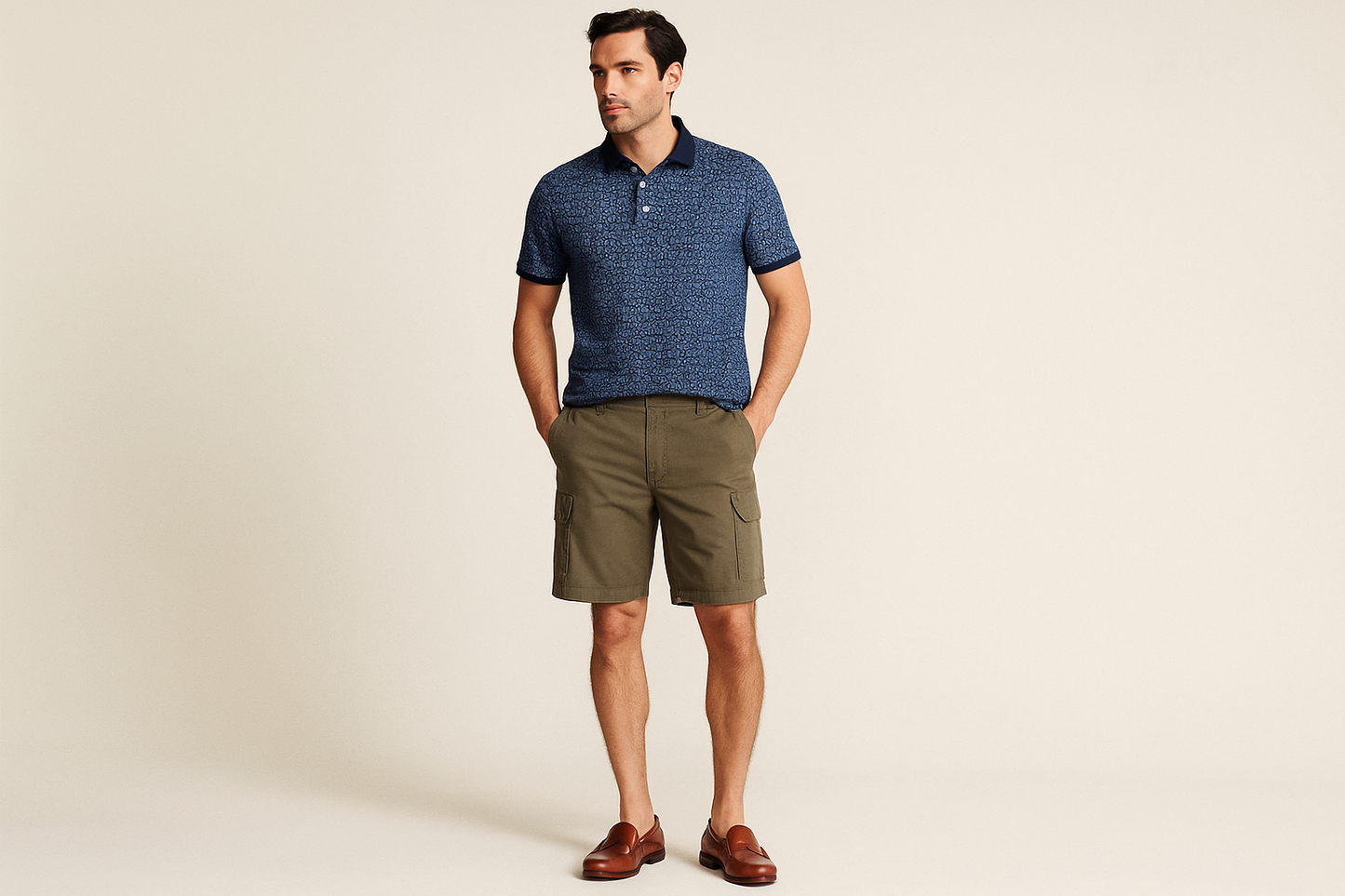 Look 6: Polo azul marino con círculos con cargo shorts - Estilo sophisticated preppy
