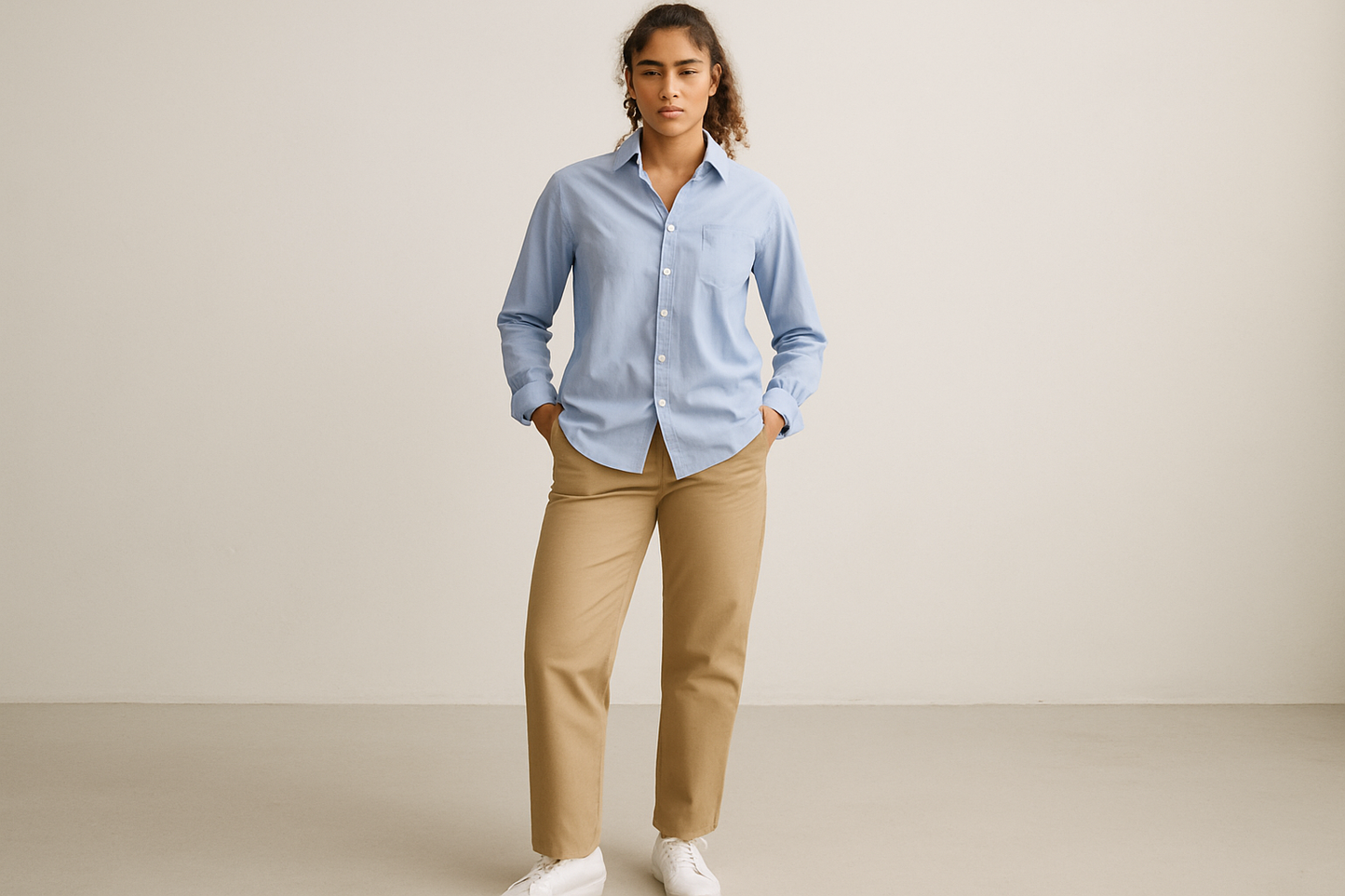 Look preppy casual con chinos caqui