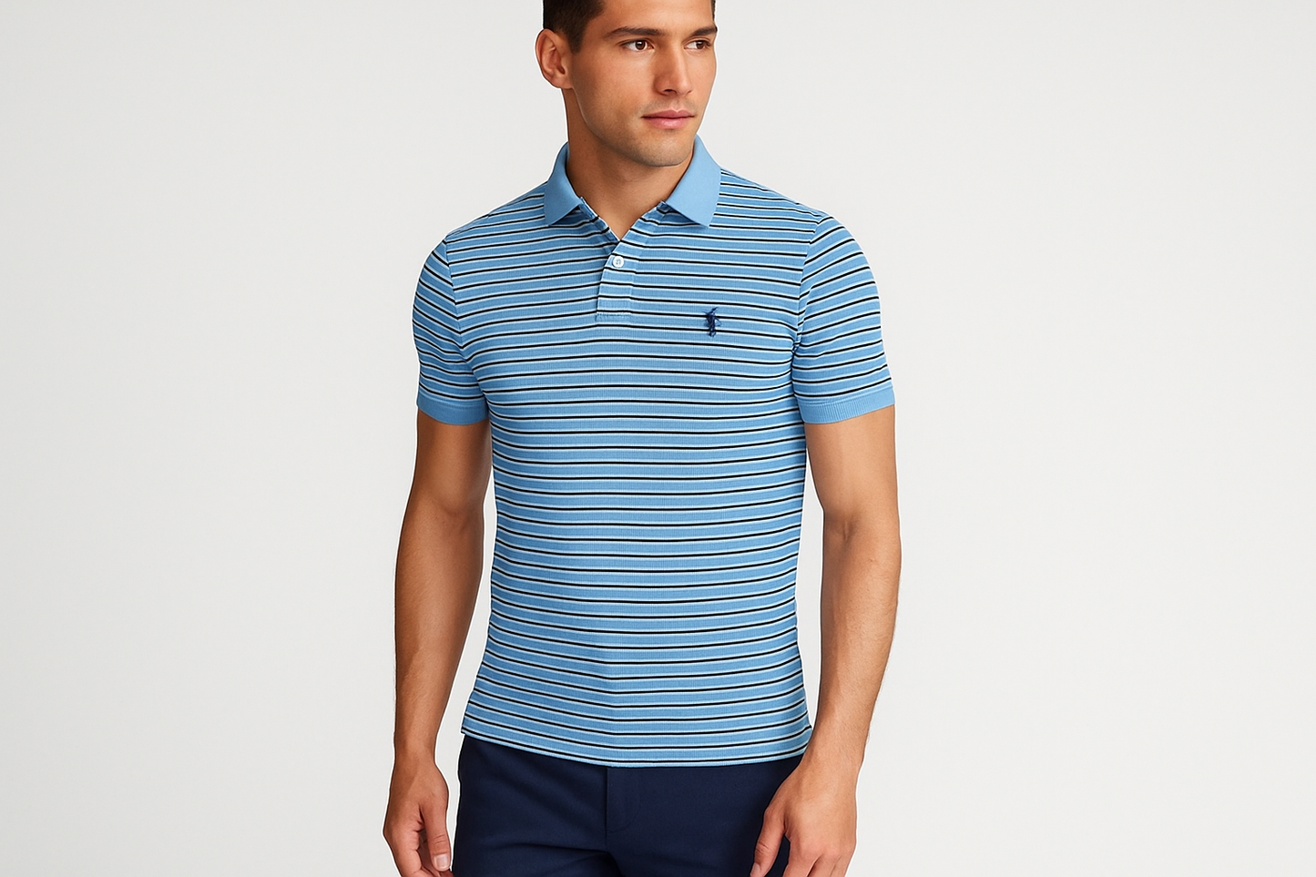 Modelo atlético con Polo celeste líneas pegadas - Pose casual