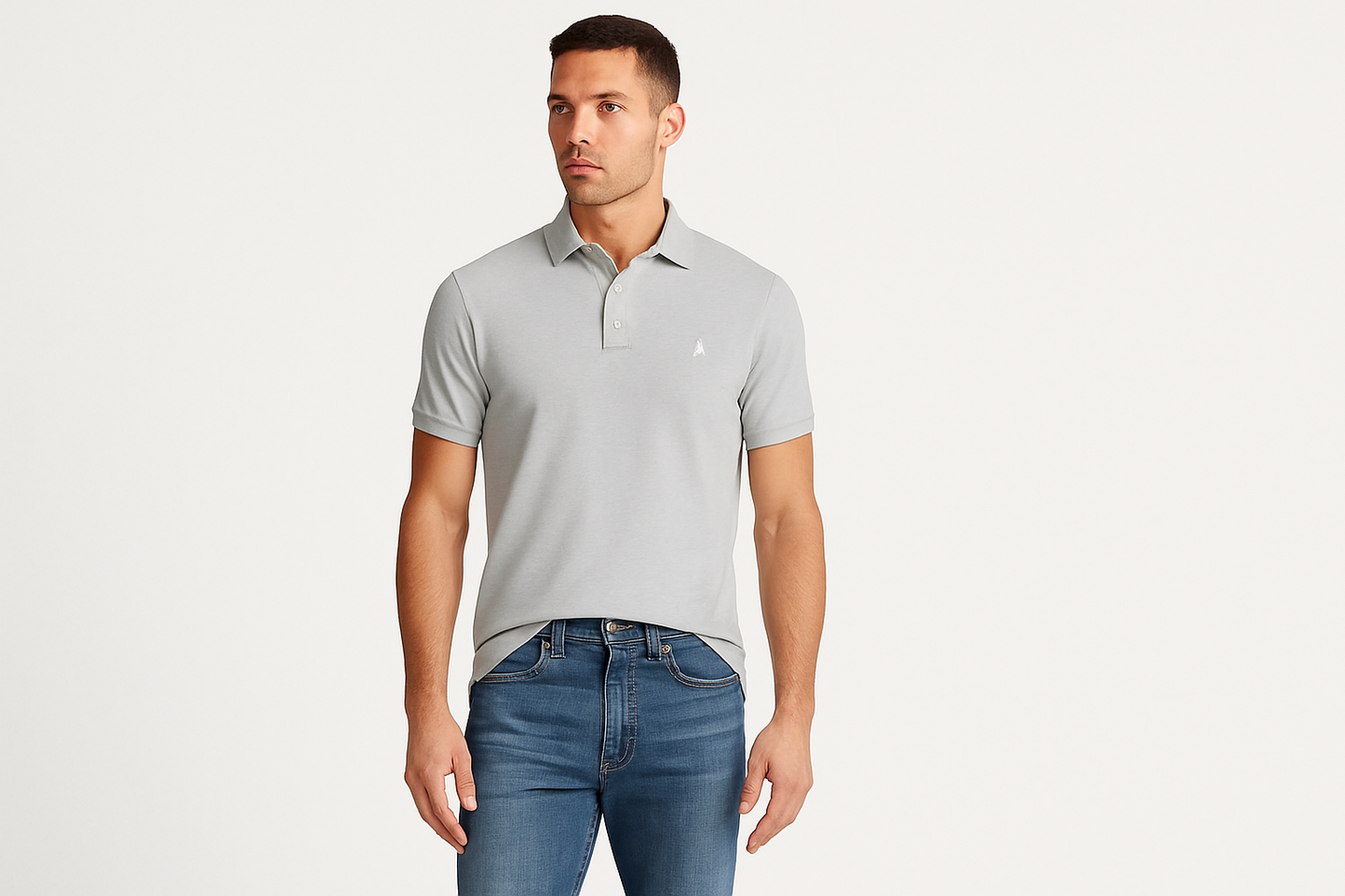 Modelo atlético con Polo Pima #c8d0d1 logo blanco - Pose casual