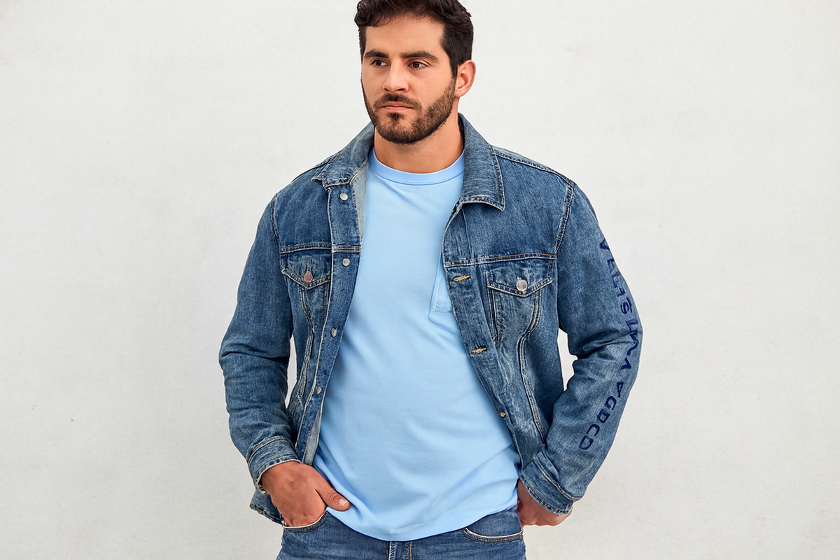 Modelo atlético - Look con chaqueta denim