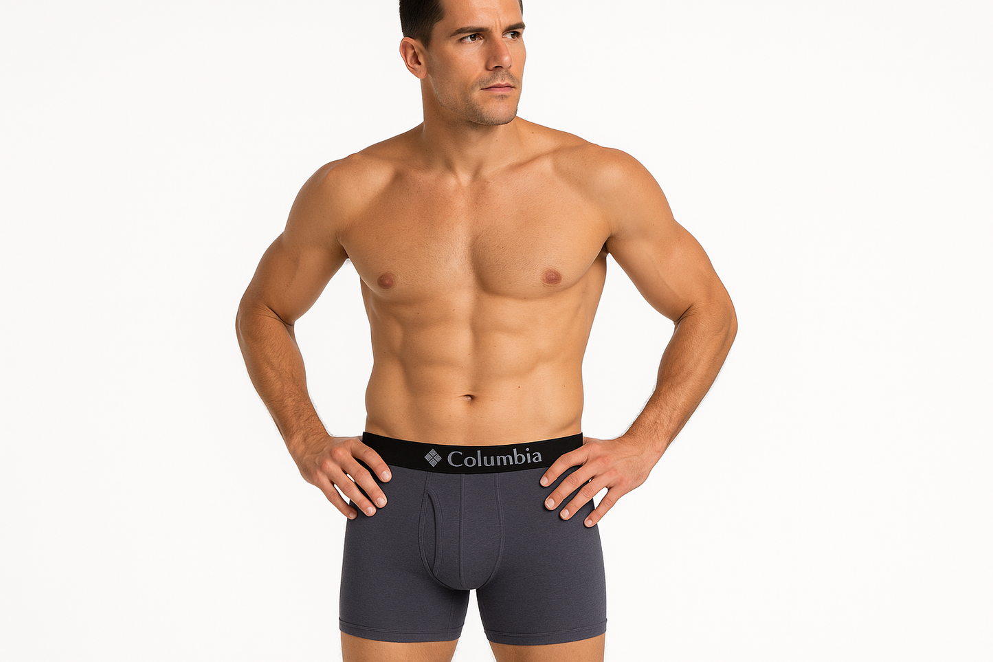 Modelo atlético - pose casual con letras grises