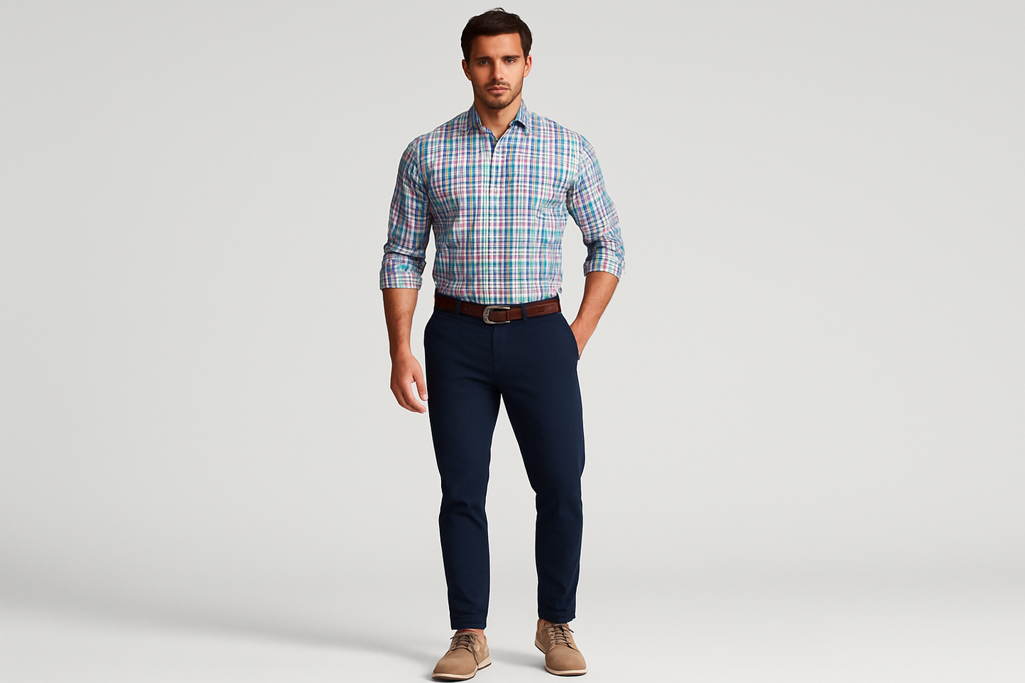 Modelo atlético usando la camisa a cuadros multicolor talla XL